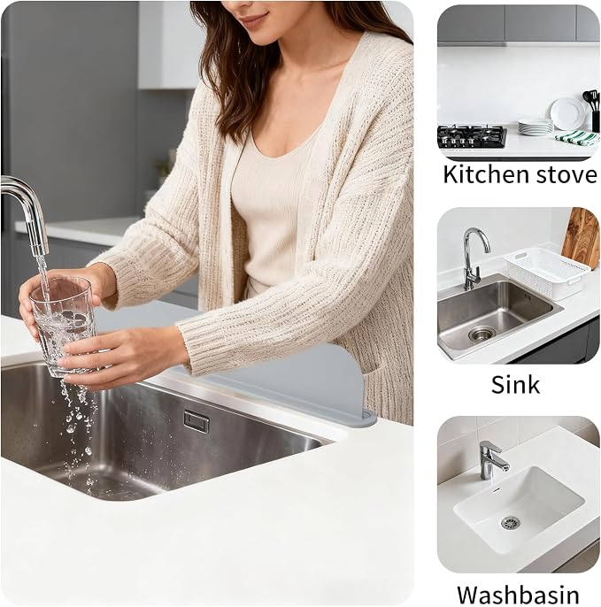 19.2inch(49cm) Silicone Sink Splash Guard, Sink Splash Guard with Suction Cup,Kitchen Sink Water Splash Guard, Kitchen Sink Splash Guard that Can Be Placed Behind (2, Gray)