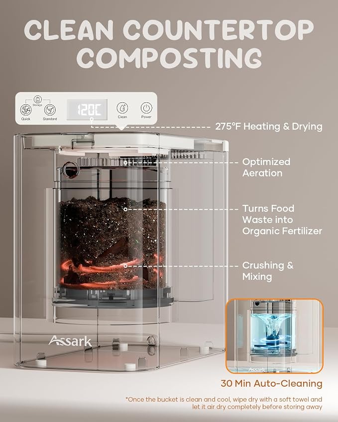 Electric Composter Smart 3L Kitchen Compost Bin Countertop Composter with Odorless Carbon Filter, Low Noise, Auto Clean, Visible Window Indoor Food Recycler Compost Tumbler Bin