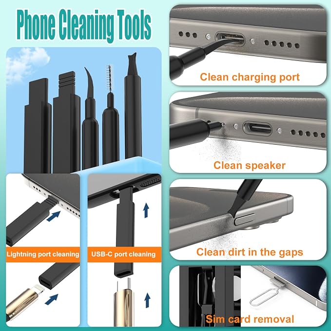 VICHYIE 32 in 1 Multi-Function Cleaning Kit for Electronic Devices (Black) | Phone Cleaning Tool, PC Keyboard Cleaner Kit with Brush, Multipurpose Cleaning Set for Earbuds, Cellphone, Computer, Cameras