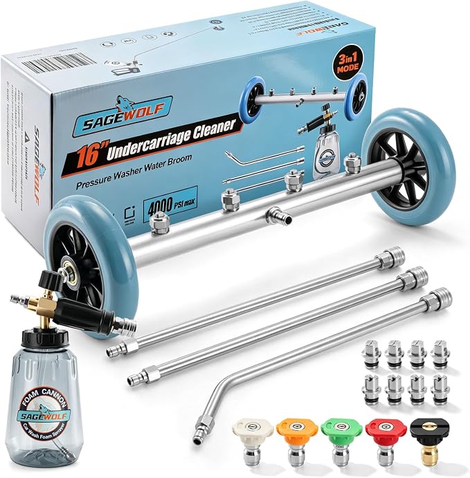 16 IN Under Carriage Pressure Washer Water Broom with Foam Cannon 4000PSI | Pressure Washer Undercarriage Cleaner Attachment, Power Washer Surface Cleaner for Car Wash, SUVs, Driveway, Sidewalk