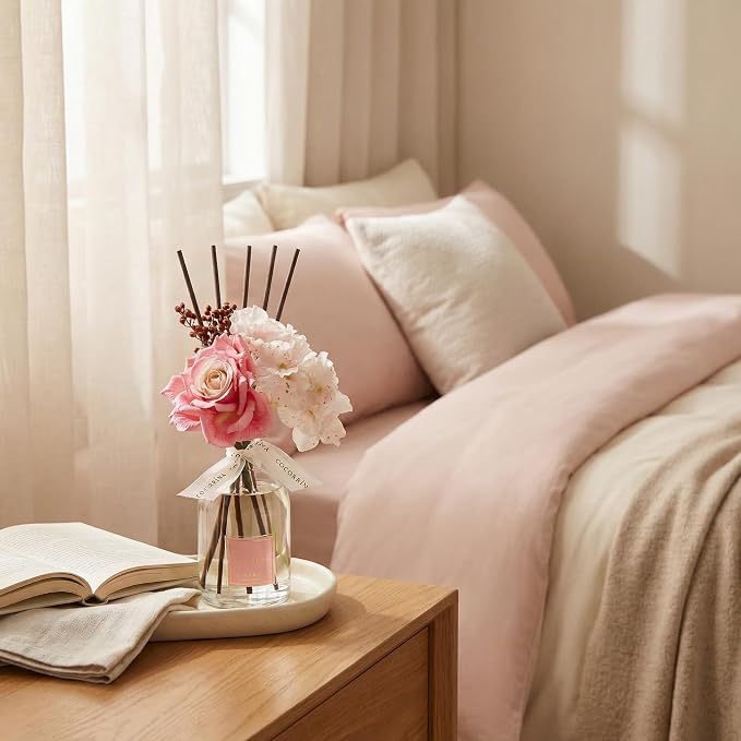 Reed Diffuser - Pink Rose 8.5 Fl.oz Flower Reed Diffuser with Sticks, Bedroom Bathroom Shelf Decor (Floral Basket Collection)