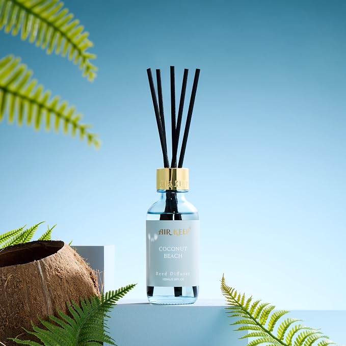 Reed Diffuser Set, 3.38 fl oz (100 ml) - Coconut Beach Oil Diffusers with 8 Reed Sticks, Home Fragrance Reed Diffuser for Bathroom Shelf Decor