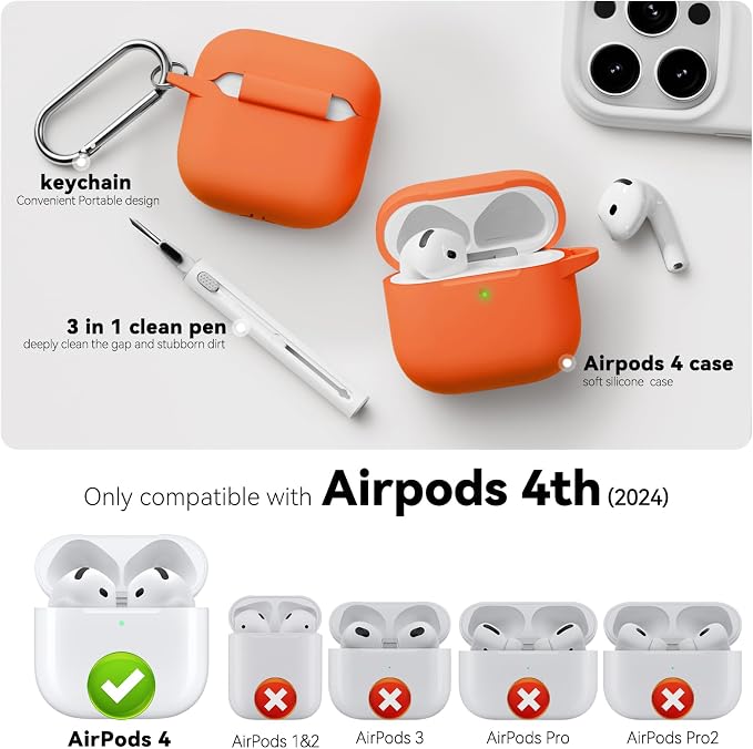 for AirPods 4 Case 2024 with Cleaner Kit & Keychain-Orange | Silicone Protective Cover for Apple AirPods 4th Generation Case,for Women Men,One-Piece Design,Shockproof,Dust Proof