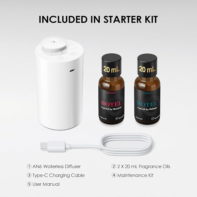 Airversa AN6 Waterless Essential Oil Diffuser Starter Kit, White | 2X20 mL BLG+BCR Hotel Scent Fragrance Oil, Up to 600 sq ft, Battery Operated, Portable for Home Car Office, AN6Kit-2x20-B