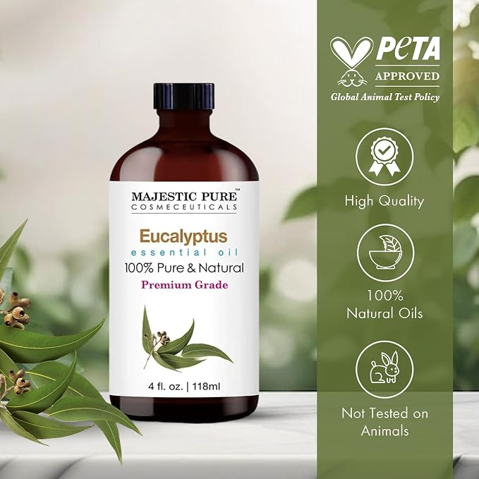 Majestic Pure Eucalyptus Essential Oil for Diffuser - 4 Fl Oz (Pack of 2) | 100% Natural Essentials Oils for home fragrance, diffuser use, massage, DIY candles, DIY soaps, Aromatherapy