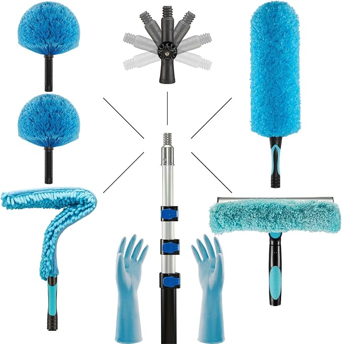 25ft 2 Cobweb Dusters, 18ft Extension Pole, High Ceiling Cleaning Tool | Fan Cleaner , 3-in-1 Window Squeegee Kit, Heavy Duty, Household Cleaning Gloves