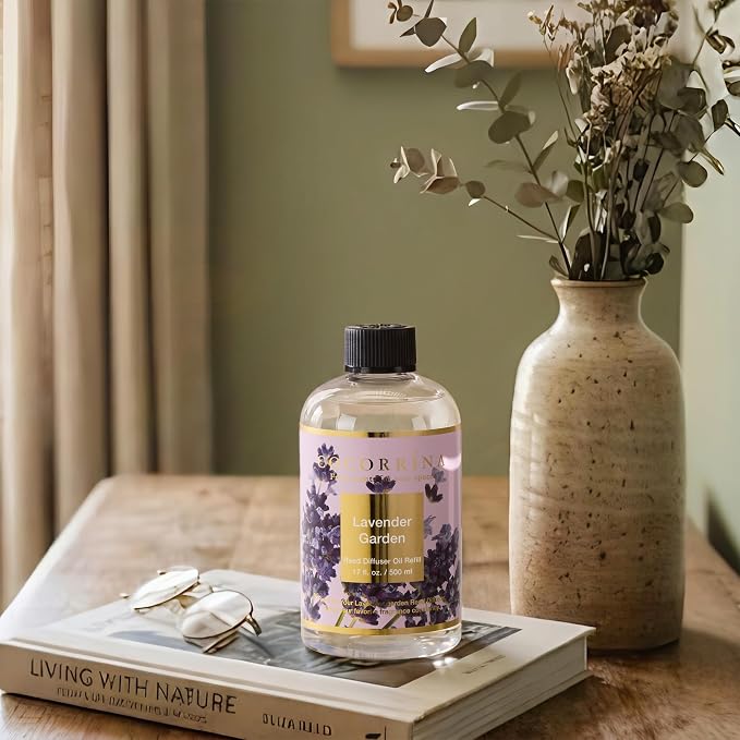 Reed Diffuser Refill Lavender Garden 17oz (500ml) with 8 Rattan Sticks - Premium Long-Lasting Scented Oil, Home Fragrance for Bedroom, Bathroom Home Decor