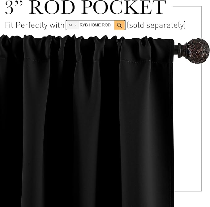 RYB HOME Black Curtains for Windows, Bathroom Curtains Small Window Drapery Blackout Privacy Drapes for Cafe Bedroom Panels, Width 29 by Length 24, 1 Pair