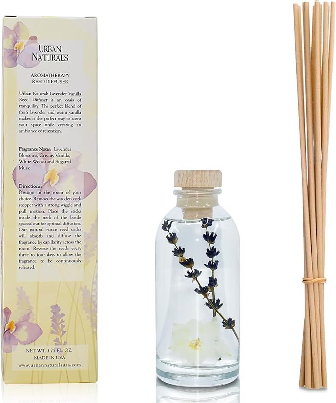 Reed Diffuser Set, Lavender Vanilla - Bathroom Shelf Décor | Room Scent Infuser with Real Lavender & Natural Flowers, Soothing Scent Makes a Great Housewarming Gift