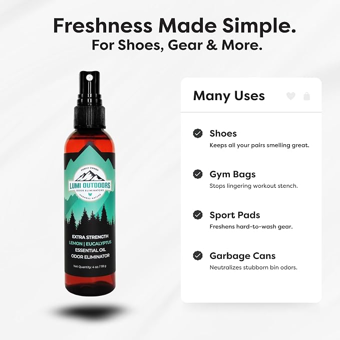 Lumi Outdoors Natural Shoe Deodorizer Spray - Odor Eliminator | Destroys Stubborn Shoe Smells at the Source - 700+ Sprays - Sneakers, Work Boots, Cleats & Gym Bags - Lemon Eucalyptus Scent