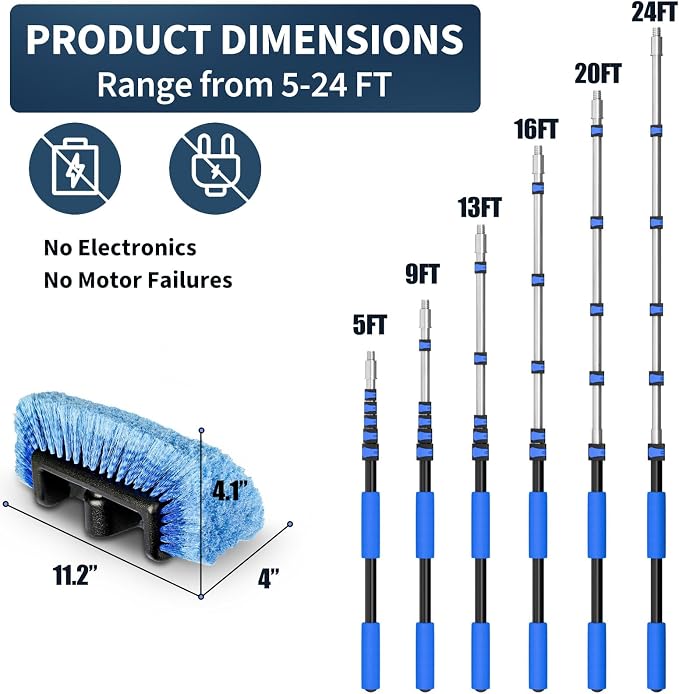Soft Bristles Solar Panel Cleaning Brush, 24 FT Solar Panel Cleaner Kit, Including Water Fed Brush | Extendable Long Handle | Soap Dispenser for Car, RV, Boat, Windows, Deck Washing