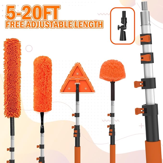 LAANPOLE 26FT Reach Dusters for Cleaning, Ceiling Fan Cleaner Duster with Extension Pole, Wall and Baseboard Cleaner Mop with Handle for Window Cobweb Fan Blade and High Ceiling