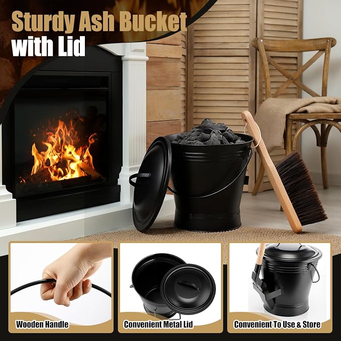 Patelai 7 Pcs Heavy Duty Fireplace Tool with 1.5gl Metal Ash Bucket with Lid Shovel Broom Wood Fire Pit Bellows 32" Long Fire Poker 26" Fireplace Tong, Glove(Slender)