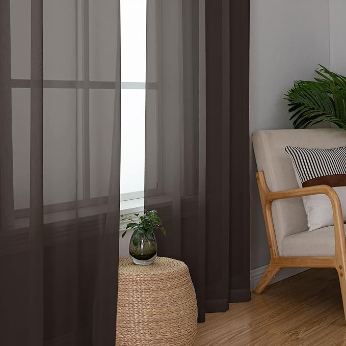Chyhomenyc Chocolate Brown Sheer Curtains 54 Inch Long 2 Panels, Light Filtering Rod Pocket Voile Short Curtains Drapes for Living Room Bedroom Small Windows, 42Wx45L Inches