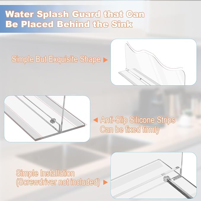 Beautyflier Splash Guard for Kitchen Sink Area Placed, Premium Kitchen Sink Water Splash Guard Behind the Sink/Behind Faucet, for Kitchen, Island and Bathroom, 16.75 Inches, Bottom Leak-Proof