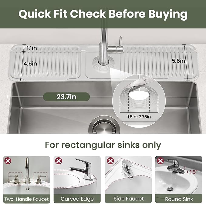 24 Inch Faucet Mat for Kitchen Sink, Silicone Splash Guard for Kitchen Sink Area, 7° Slope Fast Self-Draining Sink Mat, Cuttable Hole Design, Sink Backsplash Guard Draining Mat, Grey