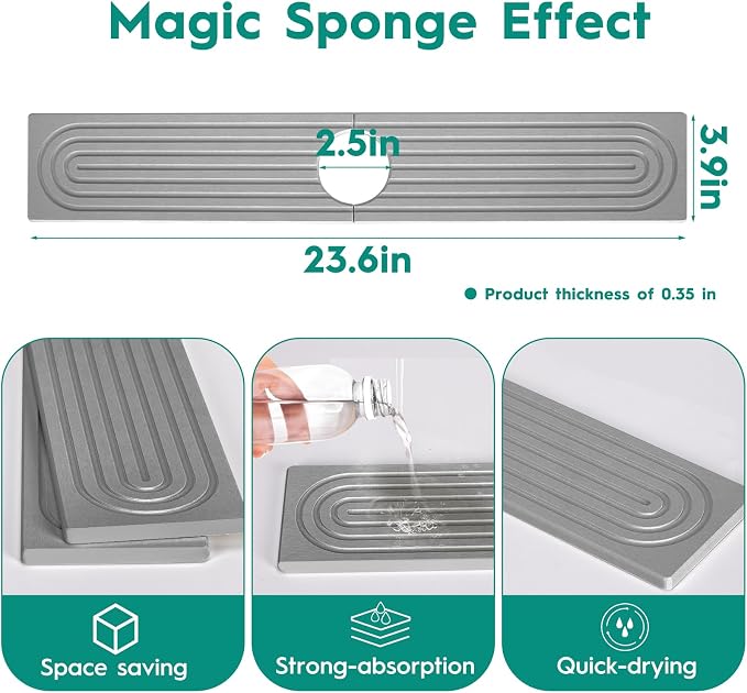 24 Inch Stone Faucet Mat for Kitchen Sink,Kitchen Sink Splash Guard-Water Absorbing Stone Tray for Sink,Super Absorbent, Diatomite Protector with Drainage for Kitchen Bathroom Counter(Light Grey)