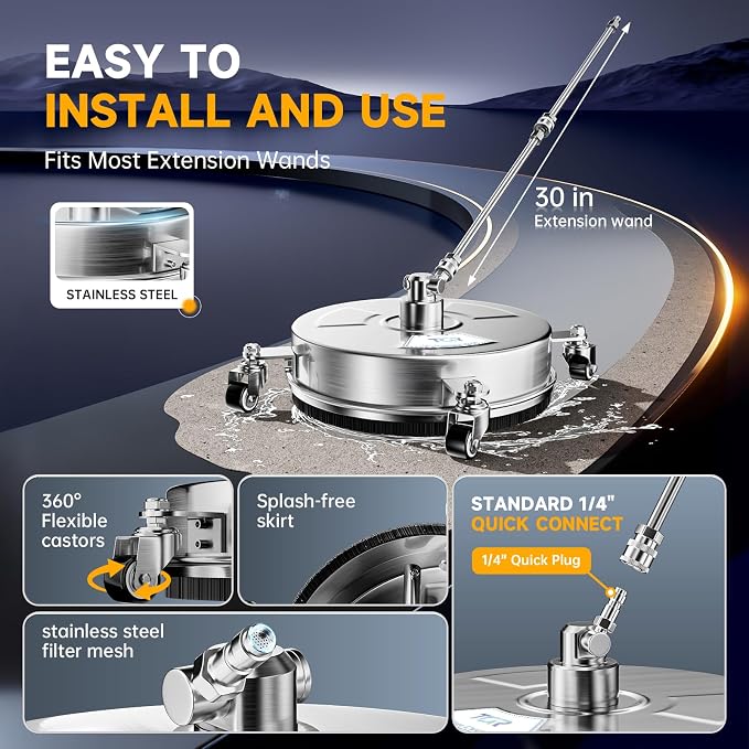 TOR 14" Stainless Steel Pressure Washer Surface Cleaner Attachment with 4 Wheels, 4000 PSI, 2 Extension Wands, Power Washer Surface Cleaner for Concrete, Driveway, Patio, Sidewalk, 1/4" Quick Connect