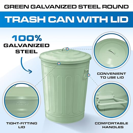 Plexon Round Trash Can 13 Gallon, Vintage Metal Outdoor Trash Can with Lid, Retro Farmhouse Garbage Container, Old School Modern Ash Bucket, Green 6 Pack