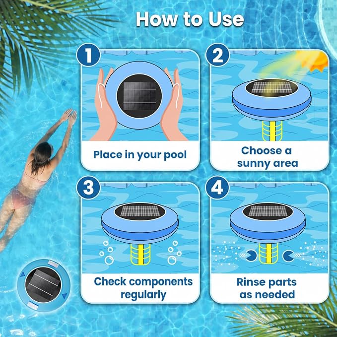 Solar Powered Pool Water Care Device for Above Ground & Inground Pools Up to 45,000 Gallons, Floating Pool Maintenance System with Thick Copper Component, Low Maintenance Pool Care Solution - Blue