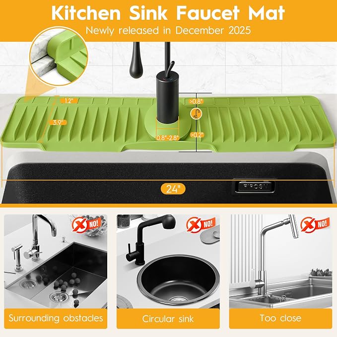 24" Silicone Faucet Mat for Kitchen Sink Released in 2026,8° Slope Fast Self-draining-Kitchen Sink Splash Guard,Bathroom Kitchen Sink Area Water Splash Guard Behind Faucet Draining Mat(Green)