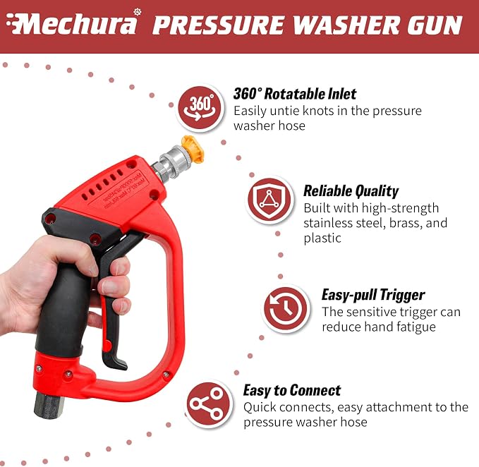 Pressure Washer Gun 5000 PSI, 360° Swivel Gun with 1/4" QC Outlet | Pressure Washer Accessories , Stubby Pressure Washer Gun with 5 Nozzle Tips, 3/8" Plug & M22-14mm Adapter