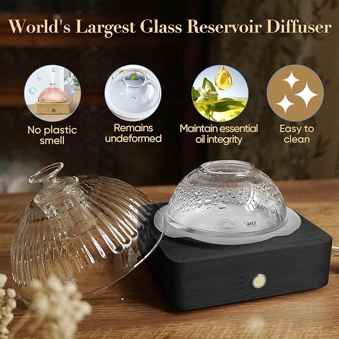 Glass Dome Essential Oil Diffuser with Glass Reservoir & Wood Base-Plastic Free, 200ml Ultrasonic Diffuser for Aromatherapy with Timer 7 Color Light Auto-Off for Home Office Yoga Dark Brown