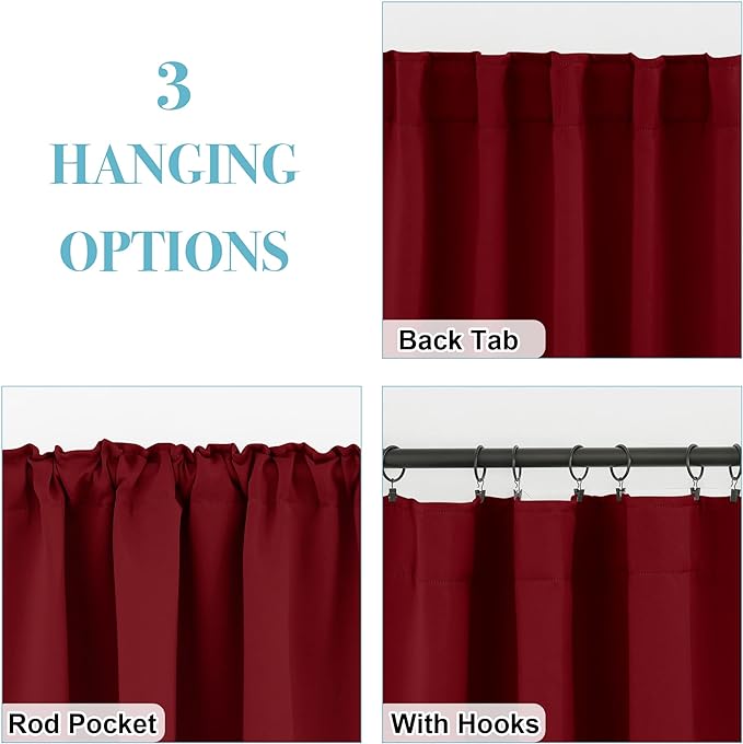 RYB HOME Living Room Curtains 63 inch Length, Blackout Energy Efficient Window Covering Heavy Duty Vertical Privacy Drapes for Nursery Girls Room Classroom W42 x L63 inch, Burgundy Red, 2 Panels