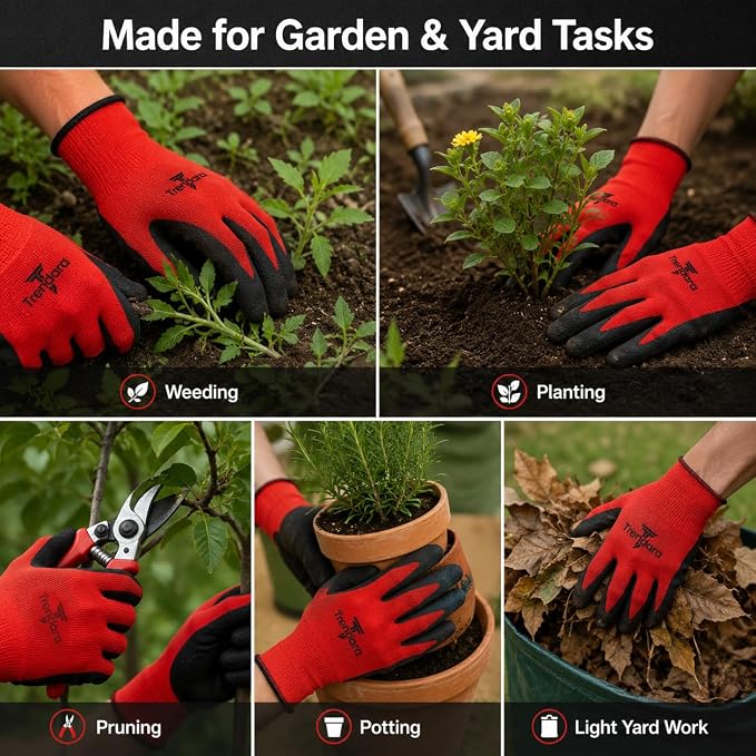 6 Pairs Value Pack Gardening Gloves for Men & Women, Foam Latex Coated Work Gloves with Strong Non-Slip Grip, Breathable Flexible Garden Gloves for Yard Work, Planting, Pruning