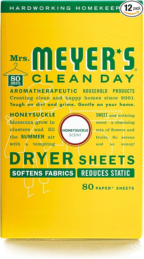 MRS. MEYER'S CLEAN DAY Dryer Sheets,Fabric Softener,Reduces Static,Infused with Essential Oils,Honeysuckle,80 Count (Pack of 12)