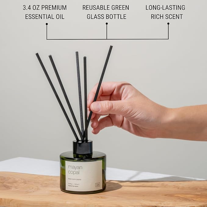 Craft & Kin Premium Santal Woods Reed Diffuser – 3.4 oz Natural Essential Oil Diffuser for Home & Bathroom – Long-Lasting Fragrance with Rattan Scent Sticks – Green Glass Room Decor