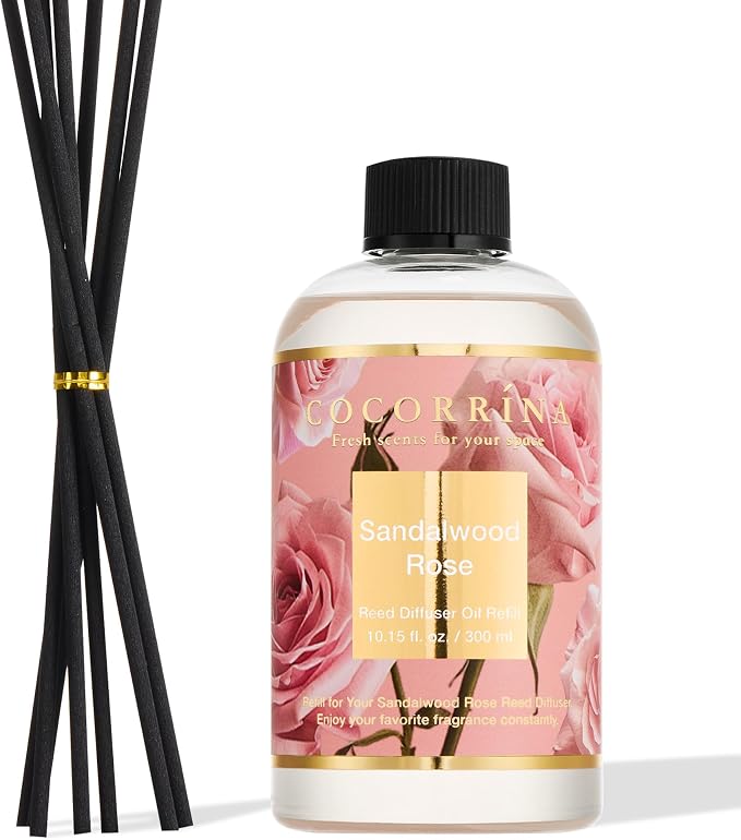 Reed Diffuser Refill Sandalwood Rose 10.14oz (300ml) with 8 Sticks - Premium Long-Lasting Floral Essential Oil, Home Fragrance for Bedroom, Bathroom Home Decor