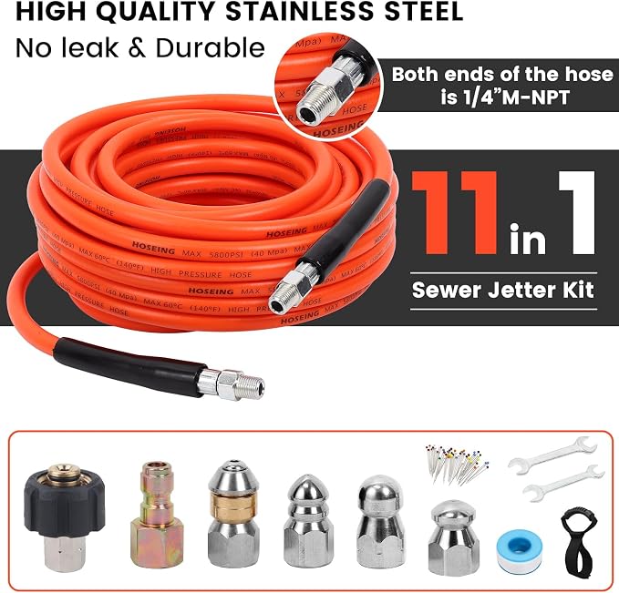 70FT Pressure Washer Sewer Jetter Kit, 5800 PSI Water Jet Drain Cleaner Hose with Corner Rotating Button Nose Nozzle, 1/4 Inch NPT, Sewer Jetter Nozzles Kit with Spanner Handle Strap
