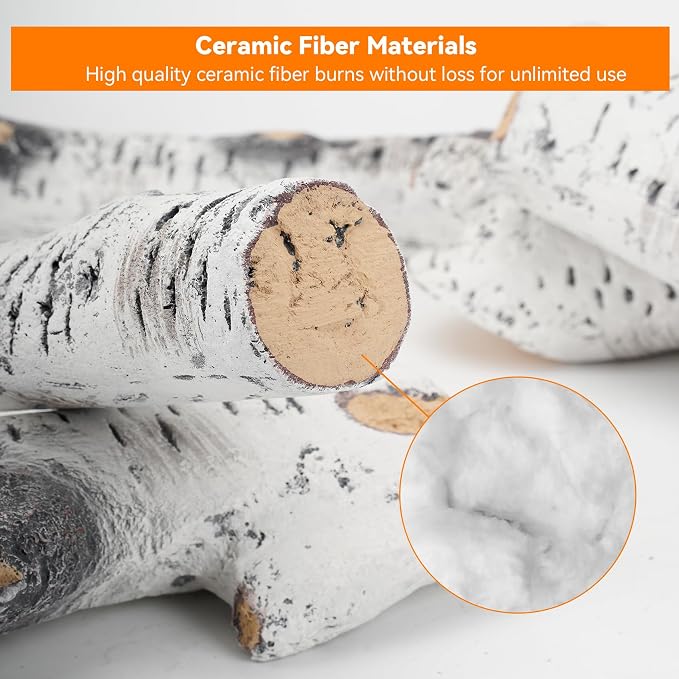 Skyflame 6 Piece Ceramic White Birch Wood Logs for Fire Pit Fireplace | Gas Fireplace Logs Set, Indoor/Outdoor Gas Inserts, Ventless, Fire Table