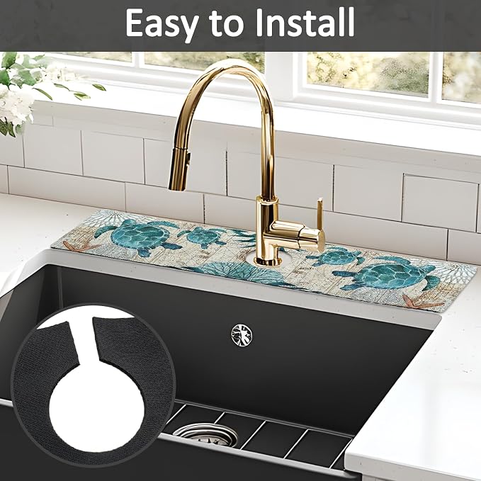24" X 5.5" Kitchen Sink Splash Guard Faucet Mat Sea Turtles Super Absorbent Fast Drying Faucet Guard & Draining Mat Sink Splash Guard Behind Faucet for Kitchen, Bathroom