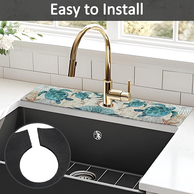 2PCS 24" X 5.5" Kitchen Sink Splash Guard Faucet Mat Sea Turtles Super Absorbent Fast Drying Faucet Guard & Draining Mat Sink Splash Guard Behind Faucet for Kitchen, Bathroom