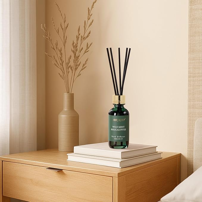Reed Diffuser Set, 3.38 fl oz (100 ml) - Wild Mint&Eucalyptus Oil Diffusers with 8 Reed Sticks, Home Fragrance Reed Diffuser for Bathroom Shelf Decor