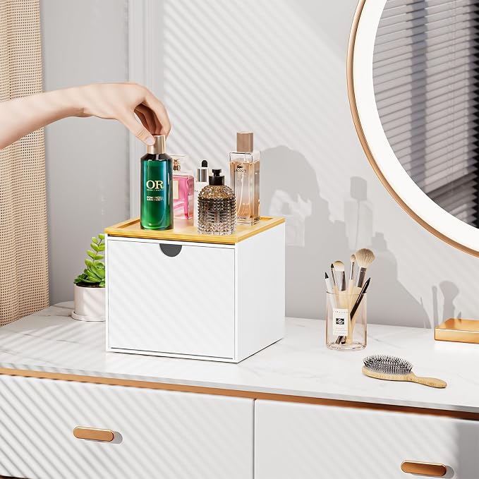 VITVITI Drawer Disposable Face Towel Holder Box, Acrylic Storage, White | Face Towels Holder Container for XL Clean Skin Club, Facial Towel Storage with Bamboo Lid, for Bathroom, Vanity Makeup