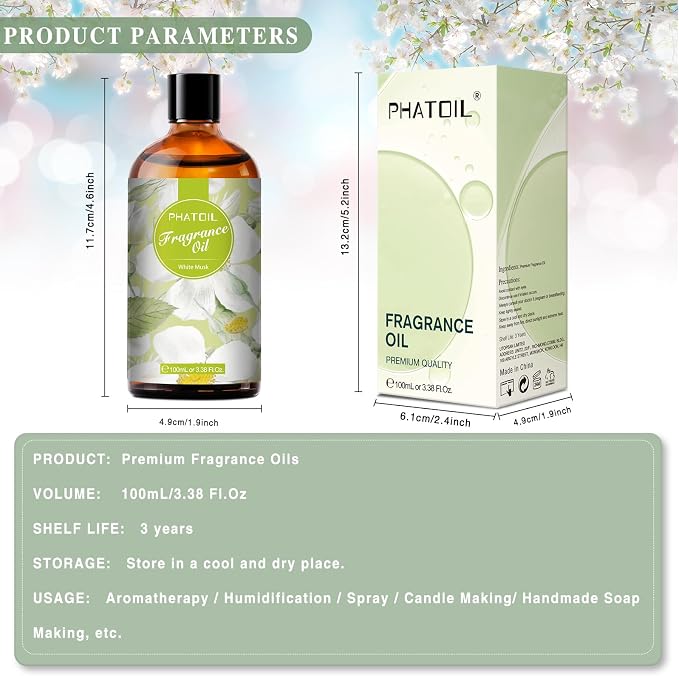 PHATOIL 3.38FL.OZ White Musk Fragrance Oils for Aromatherapy, Essential Oils for Diffusers for Home, Perfect for Diffuser, DIY Candle and Soap Making, DIY Scented Products - 100ml | Long Lasting Scented Oils For Humidifier, Air Freshener, DIY Soap Cand...