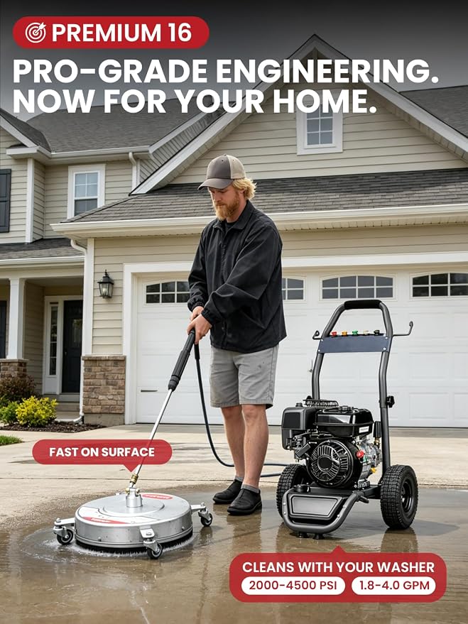 WOJET 16" Stainless Steel Pressure Washer Surface Cleaner, Professional Grade Power Washer Surface Cleaner Attachment for Concrete Driveway, Patio, Deck, Sidewalk, Fits Gas & Electric Washers 4500 PSI