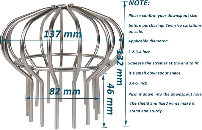 Baitaihem 304 Stainless Steel Drain Outdoor Roof Anti-Blocking Line Cap Drain Cover Gutter Protector Cleaner Gutter Cleaning Tool,4 inch