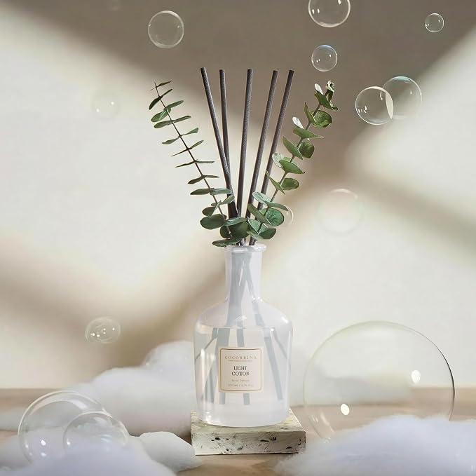 Light Cotton Reed Diffuser, 6.76 oz | Real Dried Eucalyptus Leaves, 8 Reeds, Long-Lasting Essential Oil, Home Fragrance, Bedroom or Bathroom Décor