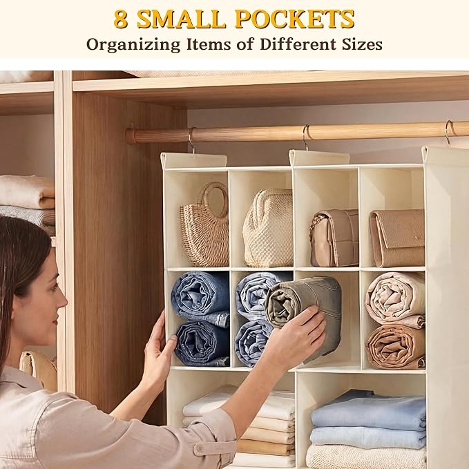 3 Tier Hanging Closet Organizer, 10 Compartments Dual Row Storage, Beige | Closet Organizers and Storage with Large & Small Pockets, 3 Sturdy Hooks Support Heavy Loads, for Dorm, RV, Garment Rack