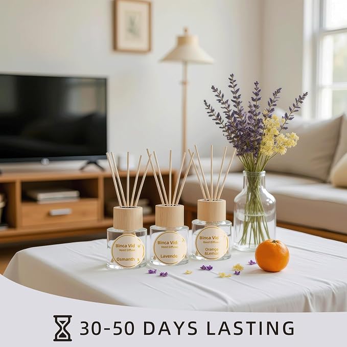 Reed Diffuser Set, Lavender Osmanthus Orange&Lemon Scent Oil Diffusers with Sticks for Home Office Bathroom Aromatherapy Decor 1.69oz X 3
