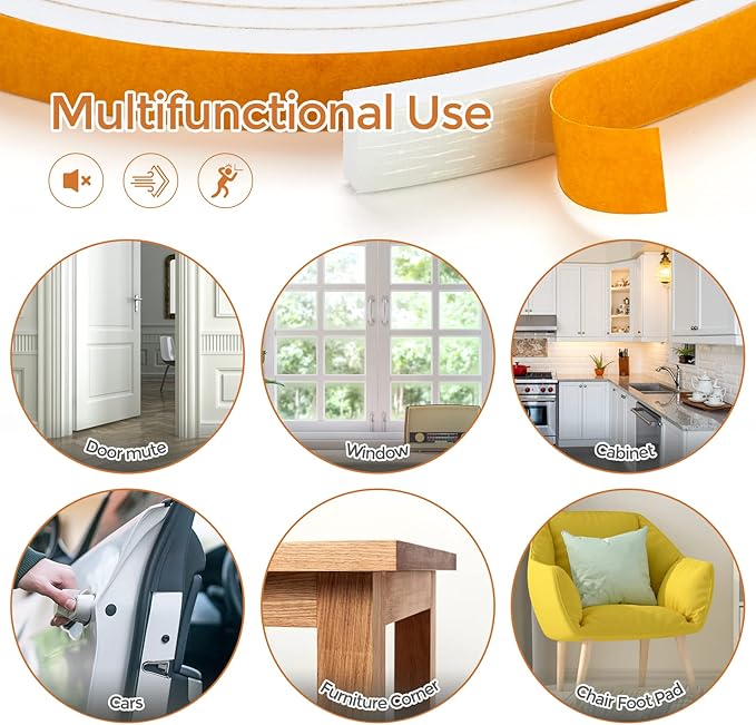 16 Feet Weather Stripping Door Seal, 1" Wide X 3/4" Thick Door Seal Strip High Density Foam Tape Adhesive Strip for Door Soundproofing,Window Insulation (1" x 3/4" x 16FT,White)