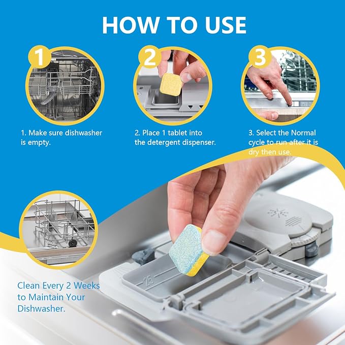 24-count Dishwasher Cleaner Tablets, Deep Cleaning and Descaling Formula, Removes Odors, Scale, and Hard Water Residue, Maintains Dishwashers, Septic Tank Safe (Lemon Scent)