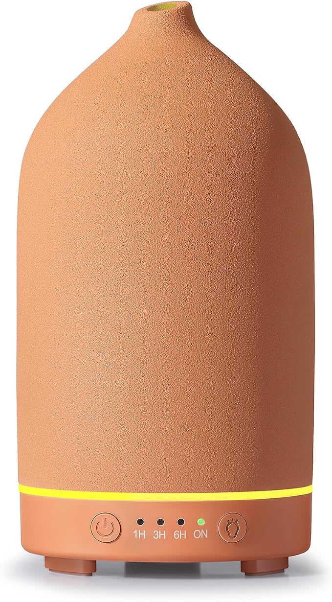 200ML Ceramic Essential Oil Diffuser for Home, Stone Diffuser | Ultrasonic Aromatherapy Diffuser & Air Humidifier for Bedroom, Office, Yoga, 7 LED Lights, Auto Shut-Off, 3 Timers, Brown