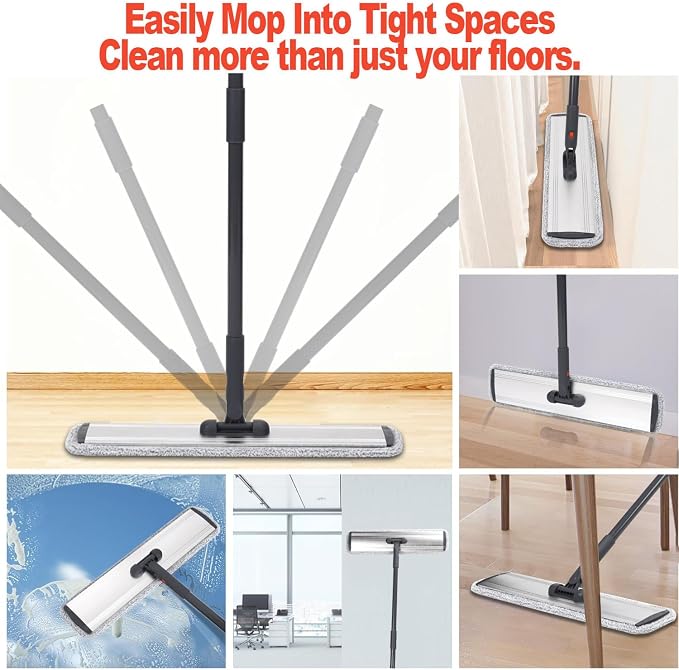 24 Inch Flat Floor Mop Heavy Duty Microfiber Wet Mop Commercial Mop | 4 Cloths Included Long Handle Made of High-quality Aluminum Frame Lightweight