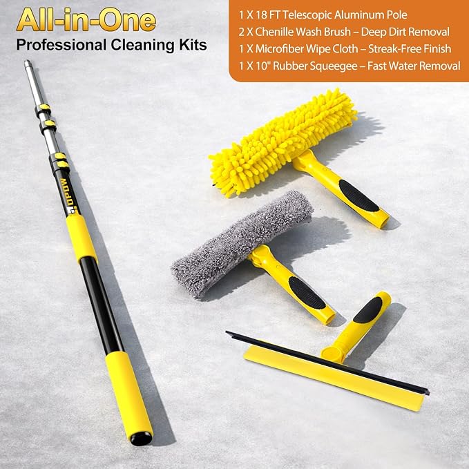 24 Feet High Reach Squeegee Window Cleaner Kit with 5-18Ft Extension Pole | 2 in 1 Window Cleaning Tool w/ 5-Stage Telescopic Pole &Rotatable Head,Window Washing Equipment for Solar Panel,RV,Car Glass