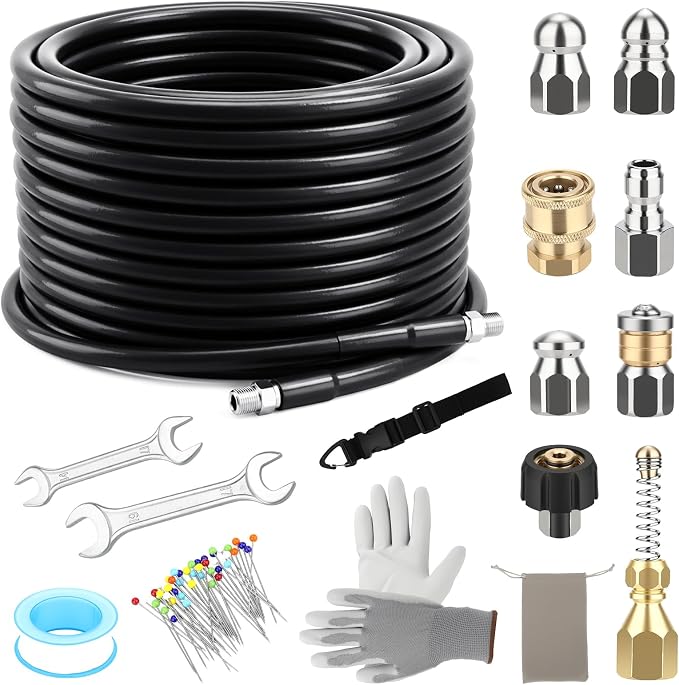 Sewer Jetter Kit for Pressure Washer, 100FT 5800PSI Drain Jetter Hose Kit | Drain Cleaner Hose Kit with 4 Jet Nozzles, Rotating Nozzle, 1/4" NPT Sewer Jetter Nozzle for Drain Pipes, Sewer Lines Gutter
